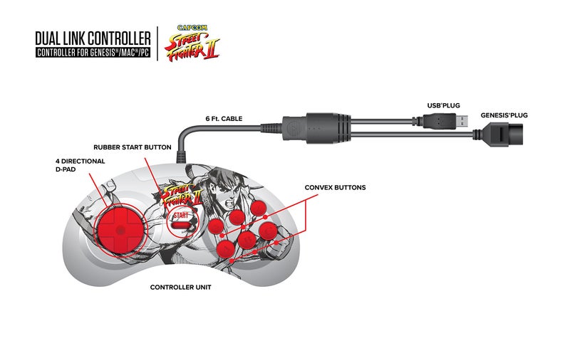 Retro Bit Retro-Bit Street Fighter Genesis & USB Dual Link Controller for PC, Mac - Sega Genesis - Image 2